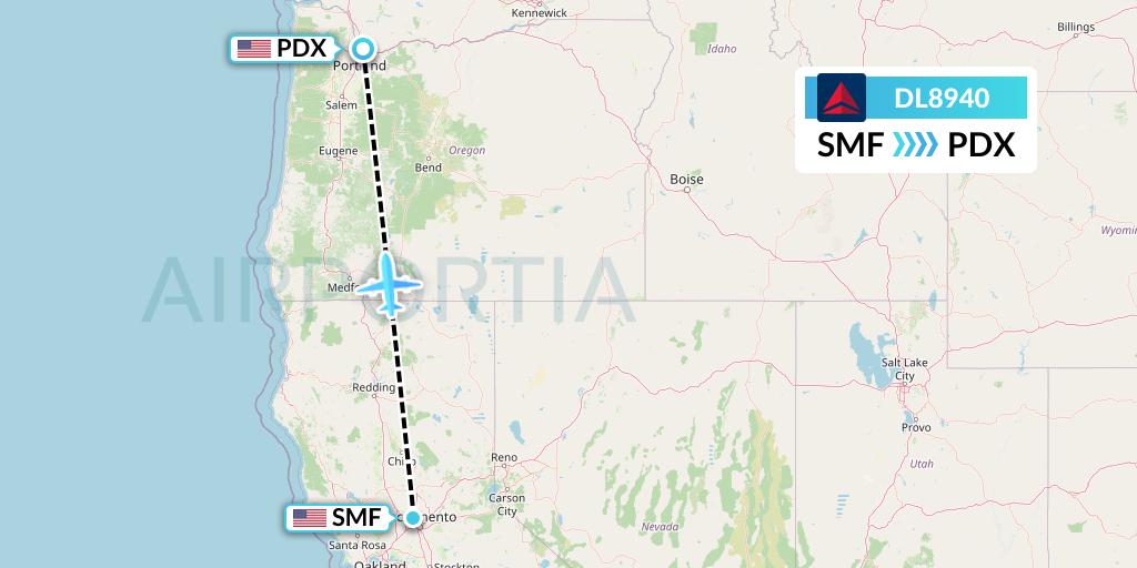 DL8940 Delta Air Lines Flight Map: Sacramento to Portland