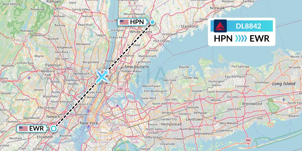 DL8842 Delta Air Lines Flight Map: White Plains to New York