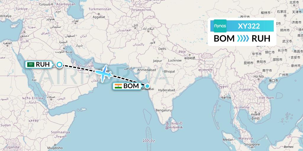 XY322 Flynas Flight Map: Mumbai to Riyadh