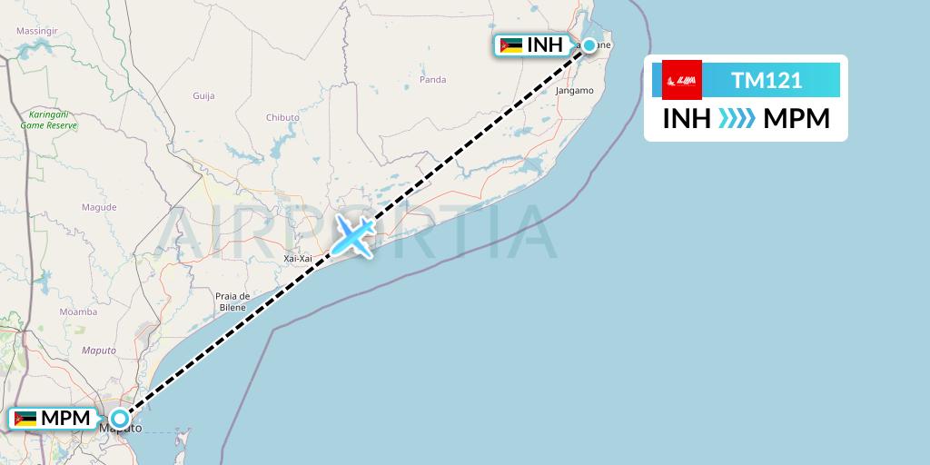 TM121 LAM Mozambique Airlines Flight Map: Inhambane to Maputo