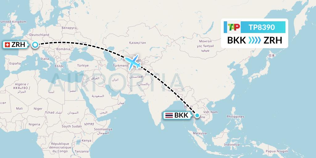 TP8390 TAP Portugal Flight Map: Bangkok to Zurich
