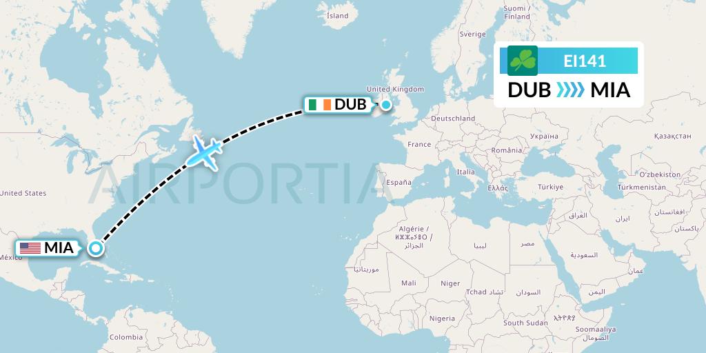 EI141 Aer Lingus Flight Map: Dublin to Miami