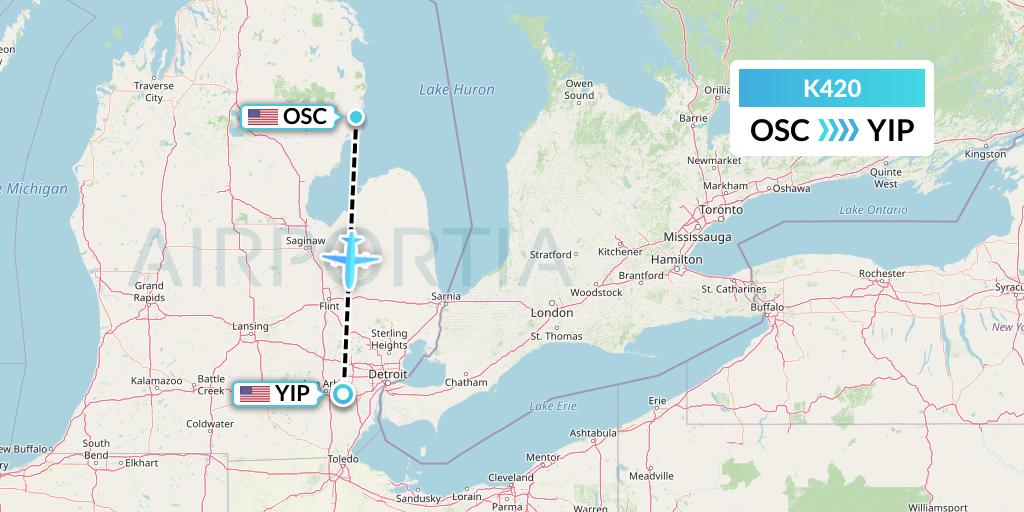 K420 Kalitta Air Flight Map: Oscoda to Detroit
