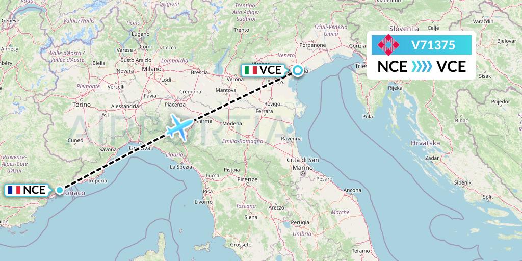 V71375 Volotea Flight Map: Nice to Venice