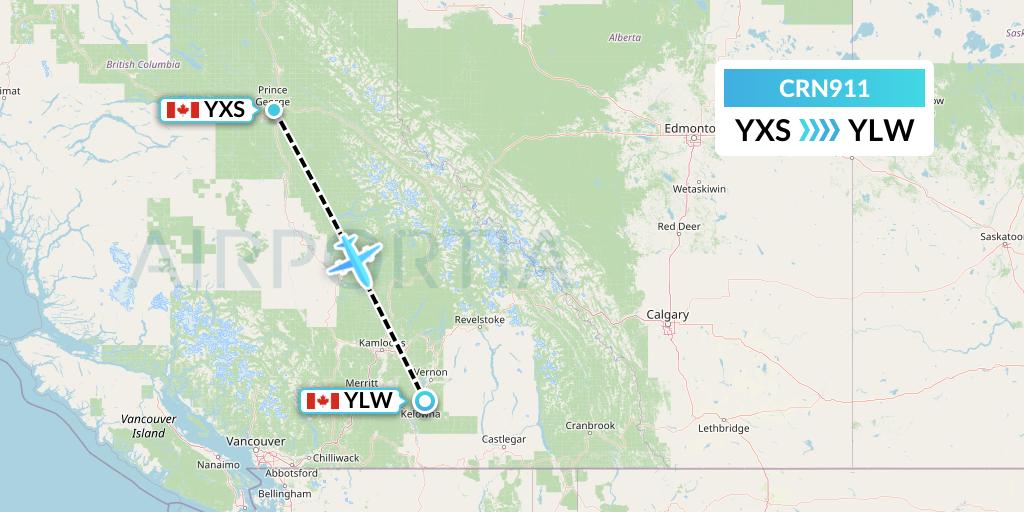 CRN911 Aerocaribbean Flight Map: Prince George to Kelowna