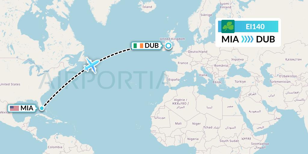 EI140 Aer Lingus Flight Map: Miami to Dublin