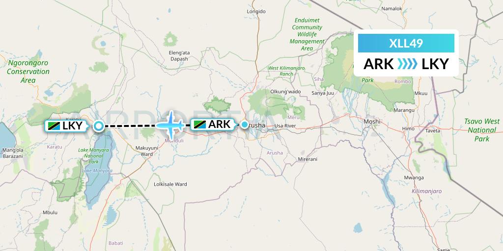 XLL49 Air Excel Flight Map: Arusha to Lake Manyara National Park