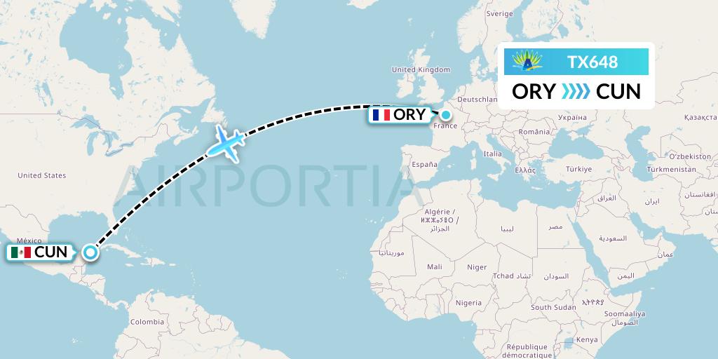 TX648 Air Caraibes Flight Map: Paris to Cancun