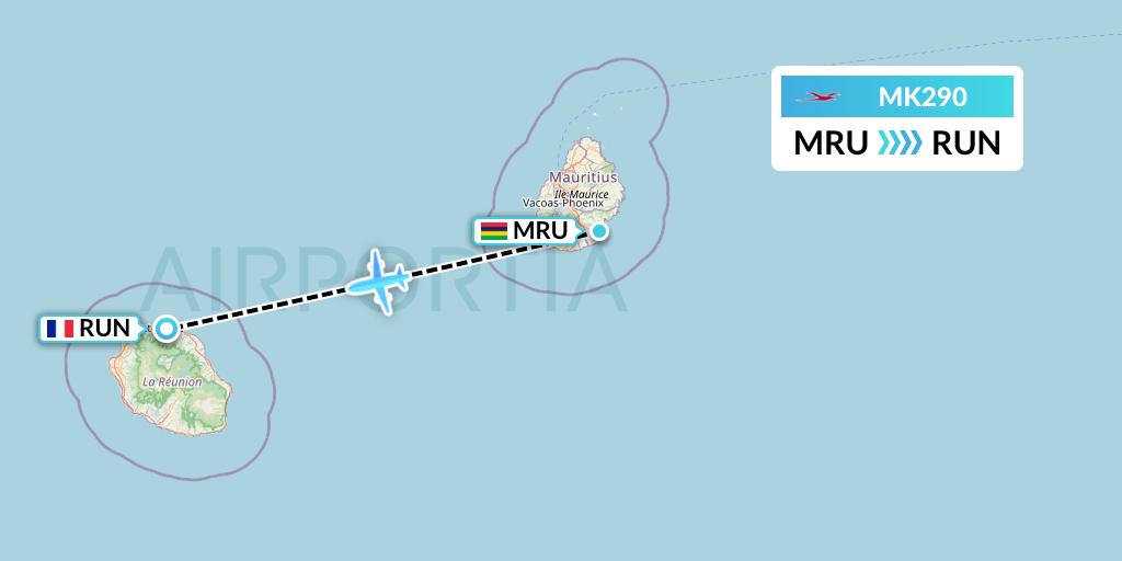 MK290 Air Mauritius Flight Map: Port Louis to Saint-Denis