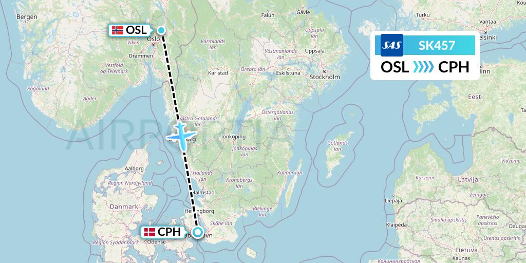 SK457 SAS Flight Map: Oslo to Copenhagen