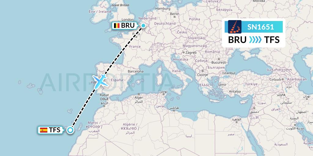 SN1651 Brussels Airlines Flight Map: Brussels to Tenerife