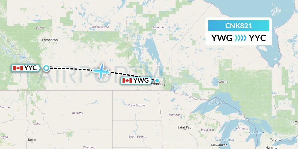 CNK821 Sunwest Aviation Flight Map: Winnipeg to Calgary
