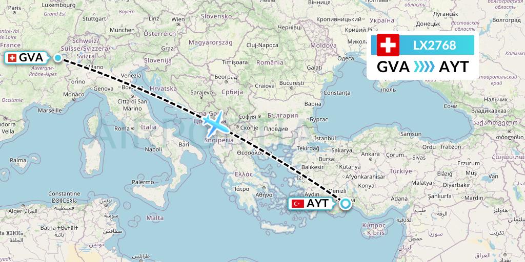 LX2768 Swiss Flight Map: Geneva to Antalya