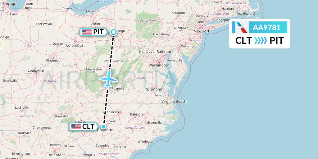 AA9781 American Airlines Flight Map: Charlotte to Pittsburgh