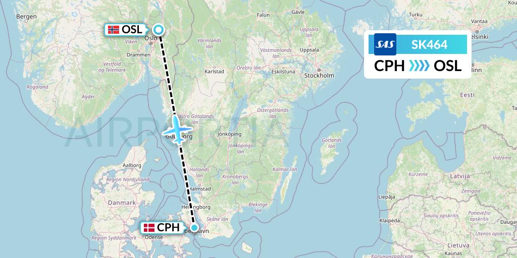 SK464 SAS Flight Map: Copenhagen to Oslo