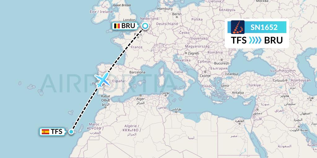 SN1652 Brussels Airlines Flight Map: Tenerife to Brussels