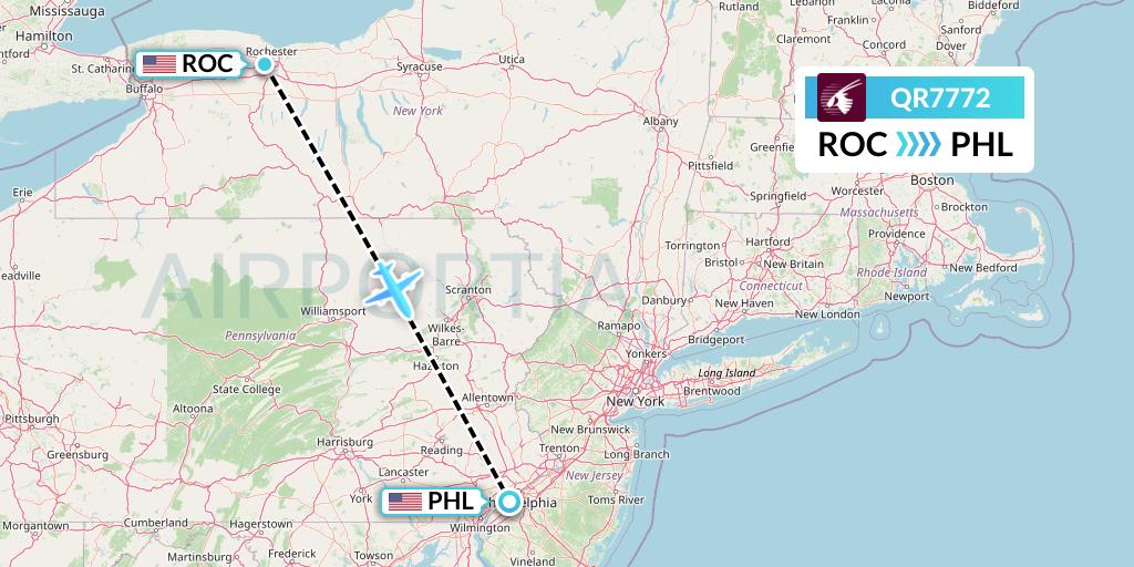 QR7772 Qatar Airways Flight Map: Rochester to Philadelphia