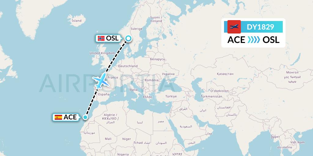 DY1829 Norwegian Flight Map: Lanzarote to Oslo