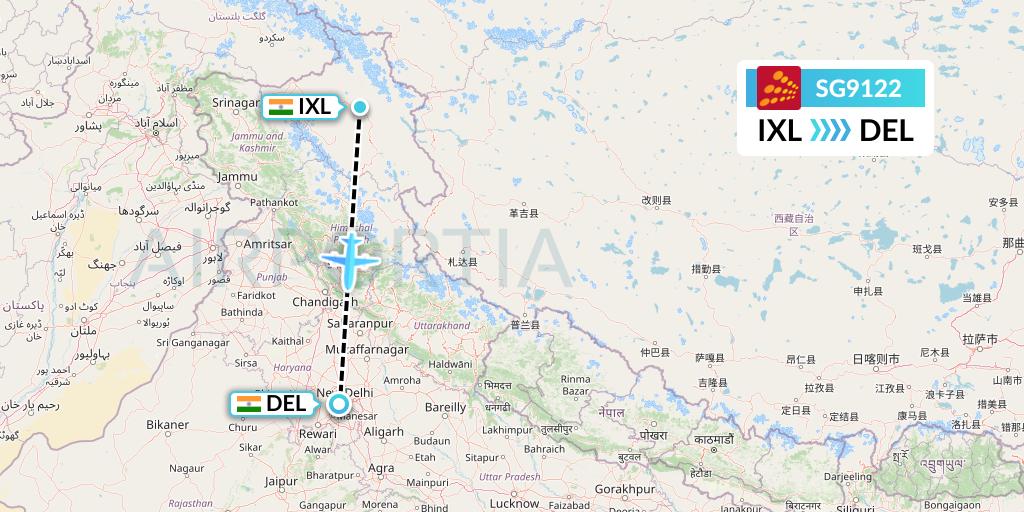 SG9122 SpiceJet Flight Map: Leh to Delhi