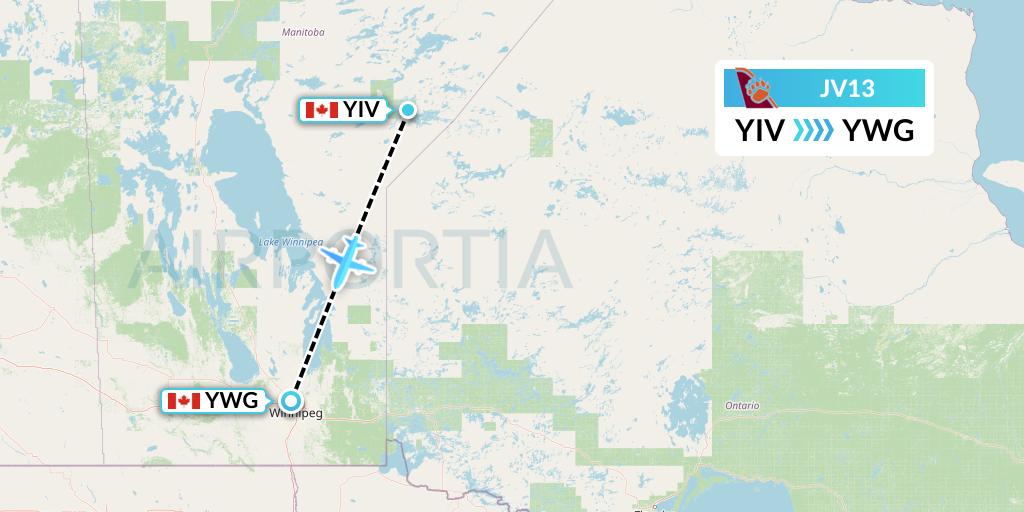 JV13 Bearskin Airlines Flight Map: Island Lake to Winnipeg