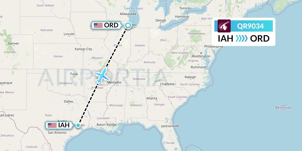 QR9034 Qatar Airways Flight Map: Houston to Chicago