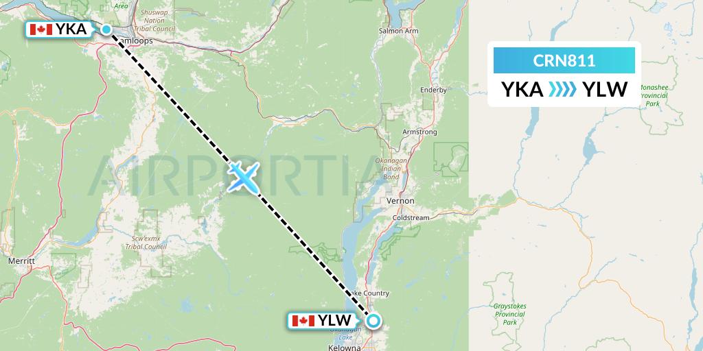 CRN811 Aerocaribbean Flight Map: Kamloops to Kelowna