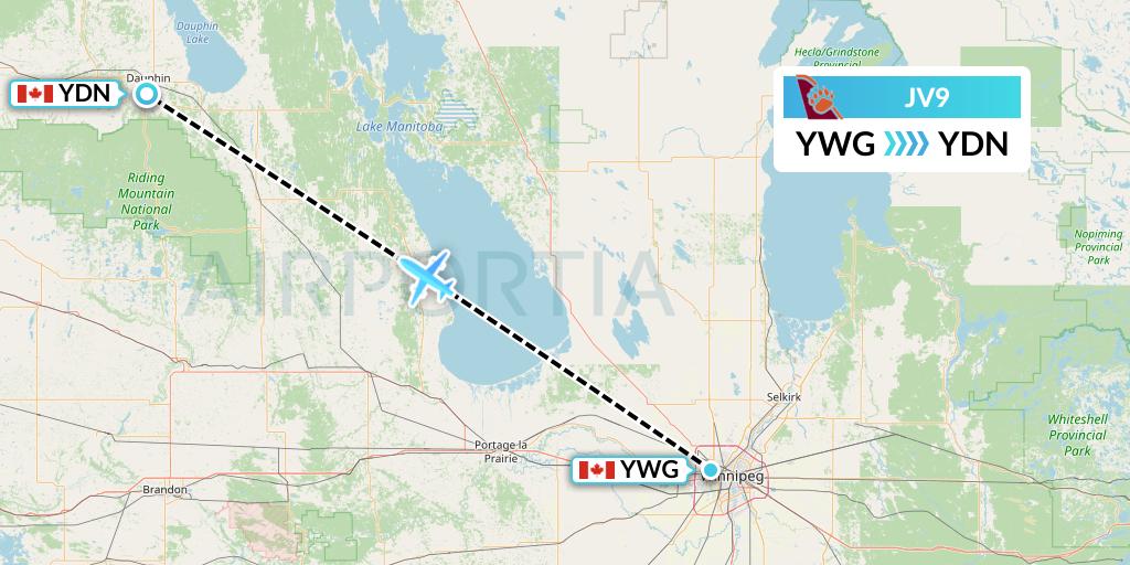 JV9 Bearskin Airlines Flight Map: Winnipeg to Dauphin