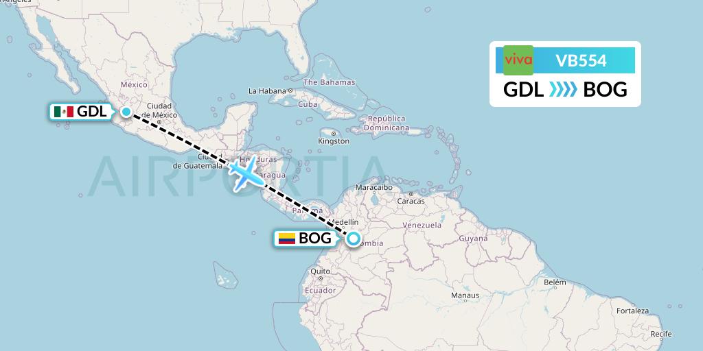VB554 VivaAerobus Flight Map: Guadalajara to Bogota