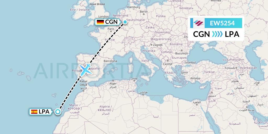 EW5254 Eurowings Flight Map: Cologne to Las Palmas