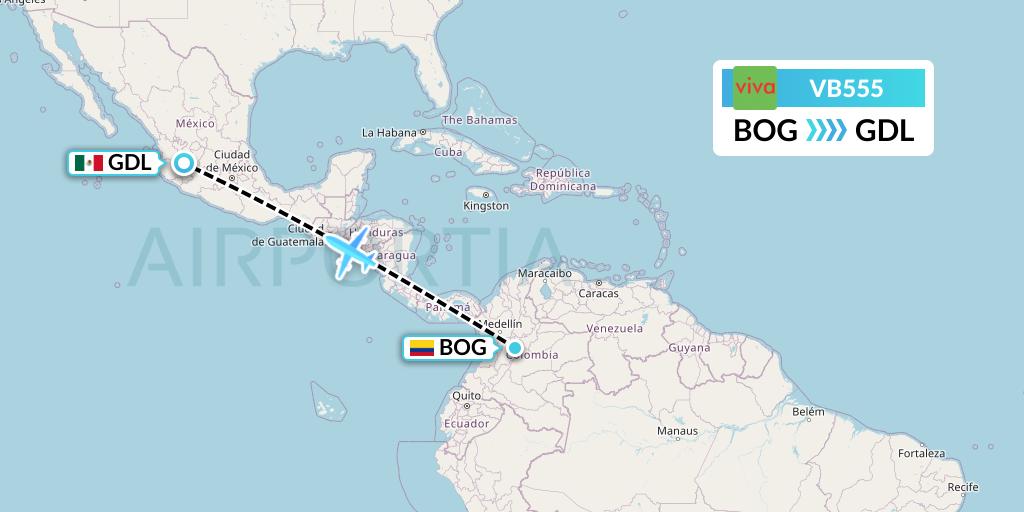 VB555 VivaAerobus Flight Map: Bogota to Guadalajara