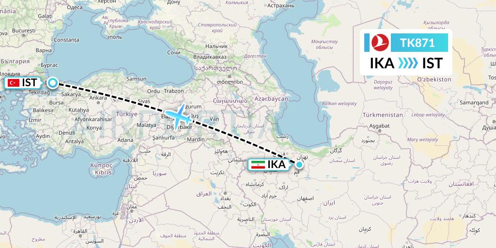 TK871 Turkish Airlines Flight Map: Tehran to Istanbul