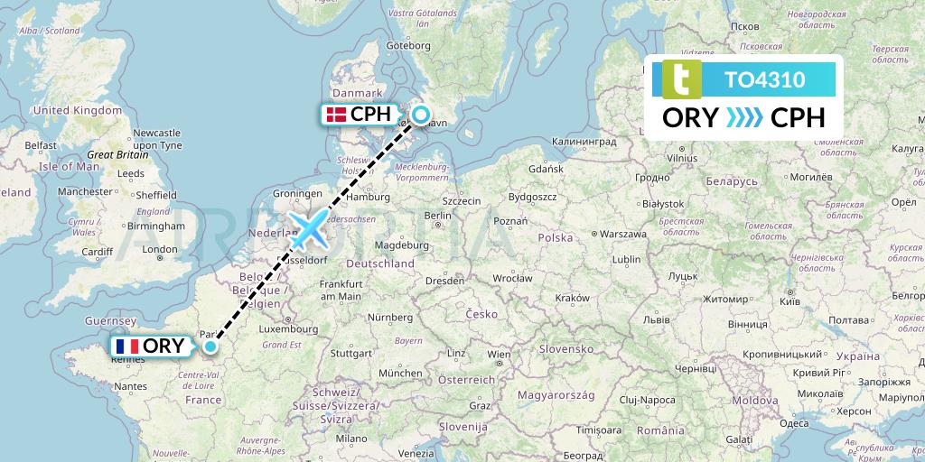 TO4310 Transavia France Flight Map: Paris to Copenhagen