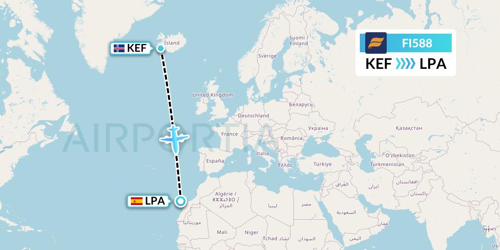 FI588 Icelandair Flight Map: Reykjavik to Las Palmas
