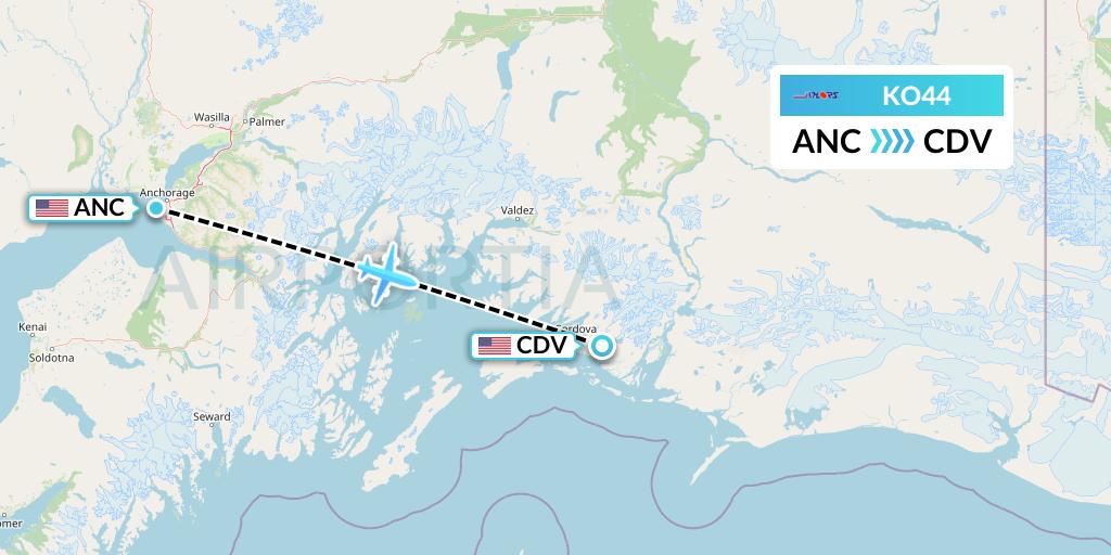 KO44 Komiaviatrans Flight Map: Anchorage to Cordova