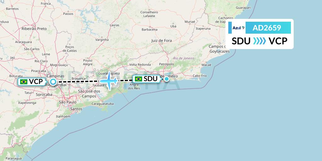 AD2659 Azul Brazilian Airlines Flight Map: Rio de Janeiro to Campinas