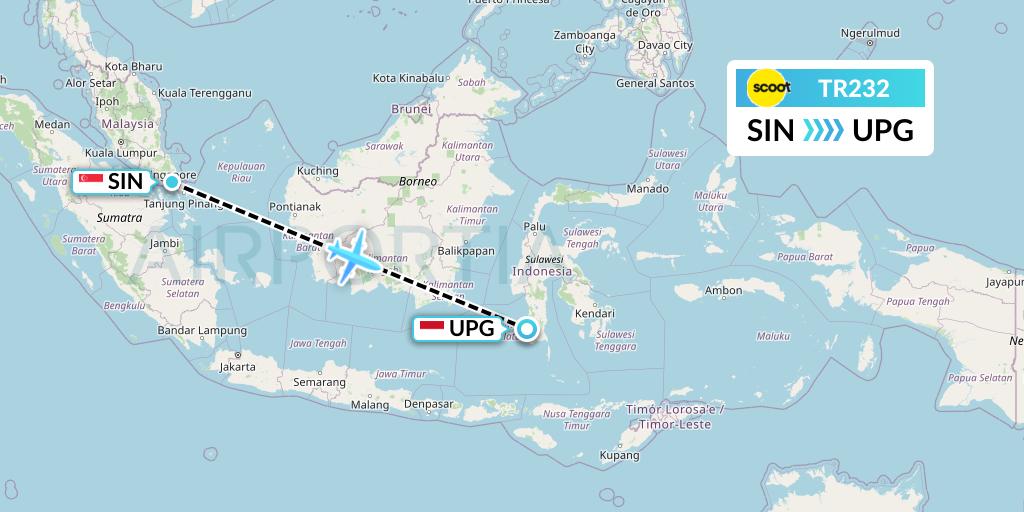 TR232 Tigerair Flight Map: Singapore to Makassar
