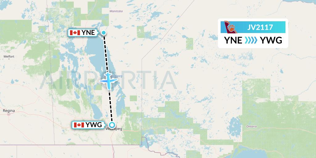 JV2117 Bearskin Airlines Flight Map: Norway House to Winnipeg