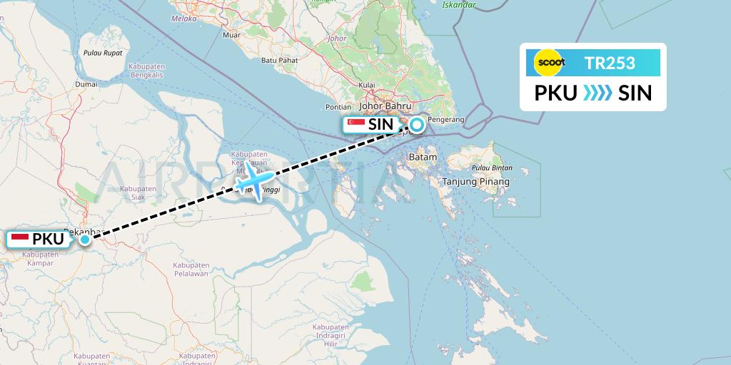 TR253 Tigerair Flight Map: Pekanbaru to Singapore