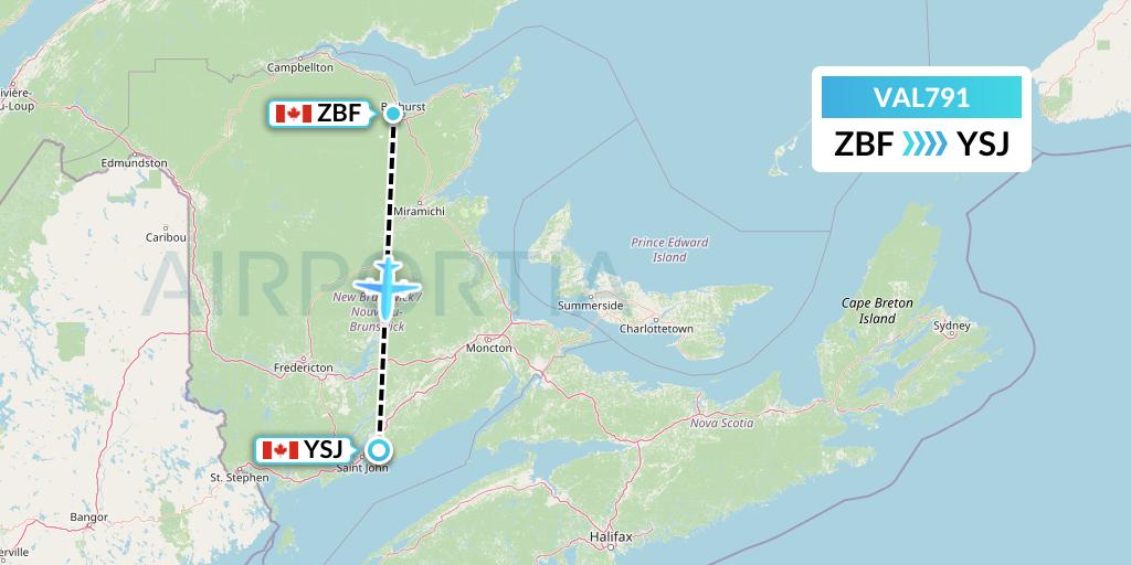 VAL791 Voyageur Airlines Flight Map: Bathurst to Saint John