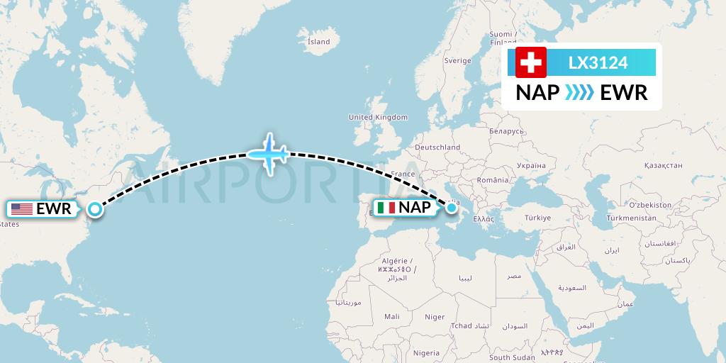 LX3124 Swiss Flight Map: Naples to New York
