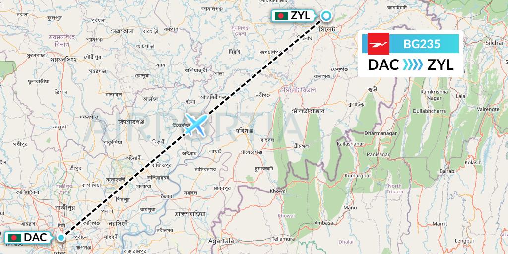 BG235 Biman Bangladesh Airlines Flight Map: Dhaka to Sylhet