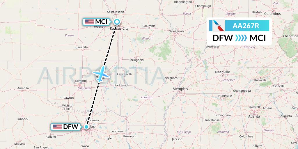 AA267R American Airlines Flight Map: Dallas to Kansas City