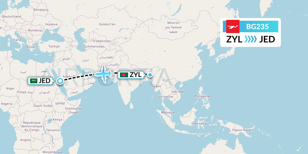 BG235 Biman Bangladesh Airlines Flight Map: Sylhet to Jeddah
