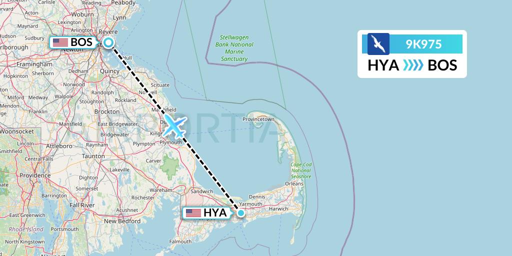 9K975 Cape Air Flight Map: Hyannis to Boston