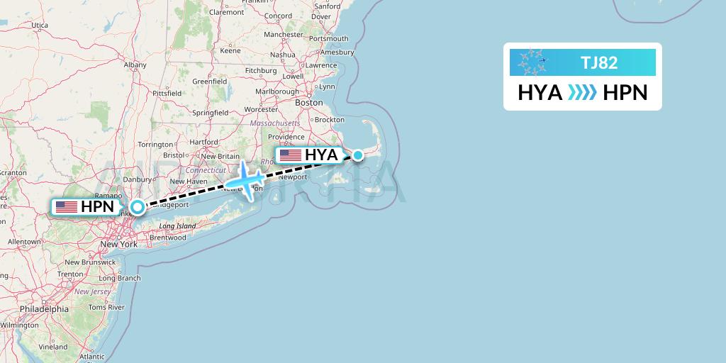 TJ82 Tradewind Aviation Flight Map: Hyannis to White Plains