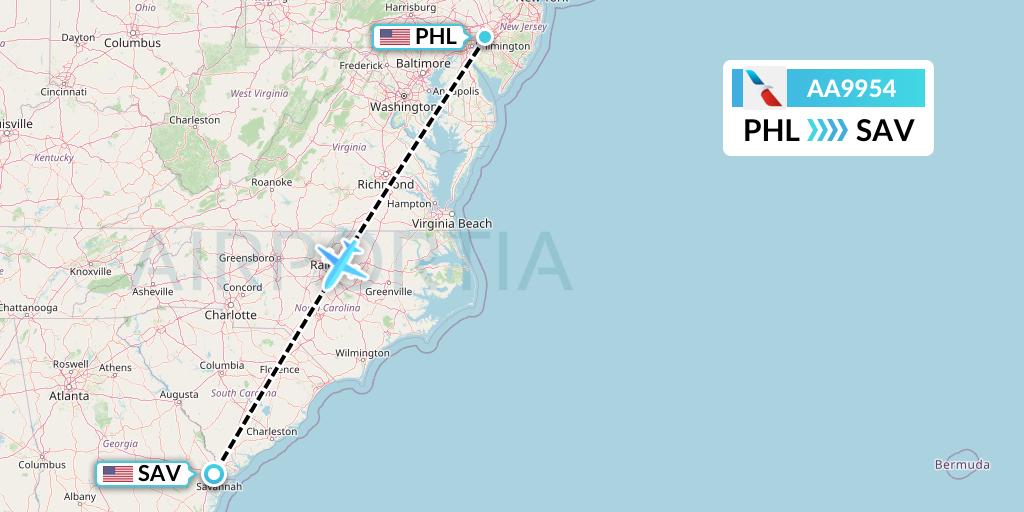 AA9954 American Airlines Flight Map: Philadelphia to Savannah