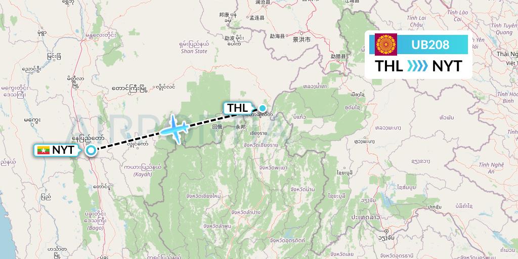 UB208 Myanmar National Airlines Flight Map: Tachilek to Naypyidaw 
