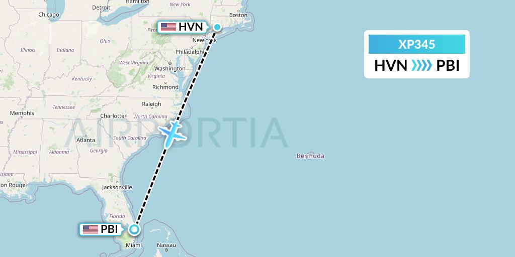 XP345 Avelo Airlines Flight Map: New Haven to West Palm Beach