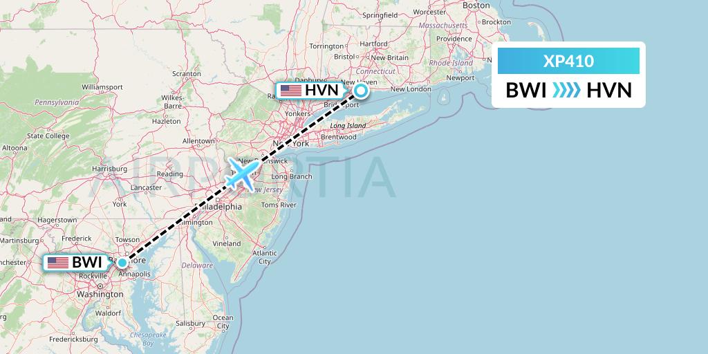 XP410 Avelo Airlines Flight Map: Baltimore to New Haven