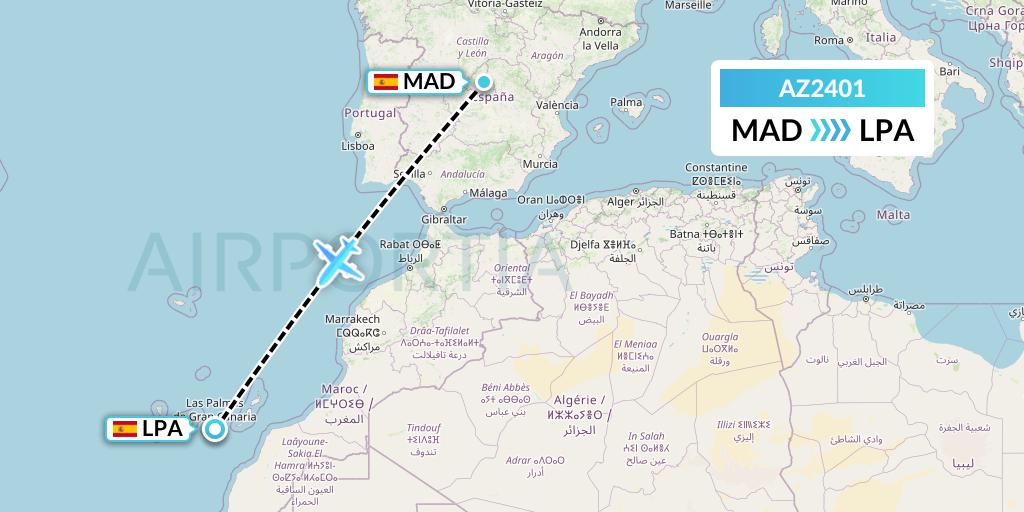 AZ2401 ITA Airways Flight Map: Madrid to Las Palmas